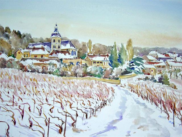 Neige à Hautvillers — Aquarelle de Patrick Adam