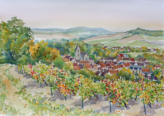Avenay-Val-d'Or, les coteaux — Aquarelle de Patrick Adam